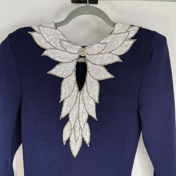VTG Don Sayres for Wellmore Midi Dress Size 10 Blue Wool Blend Knit Sequin Party - Picture 3 of 8